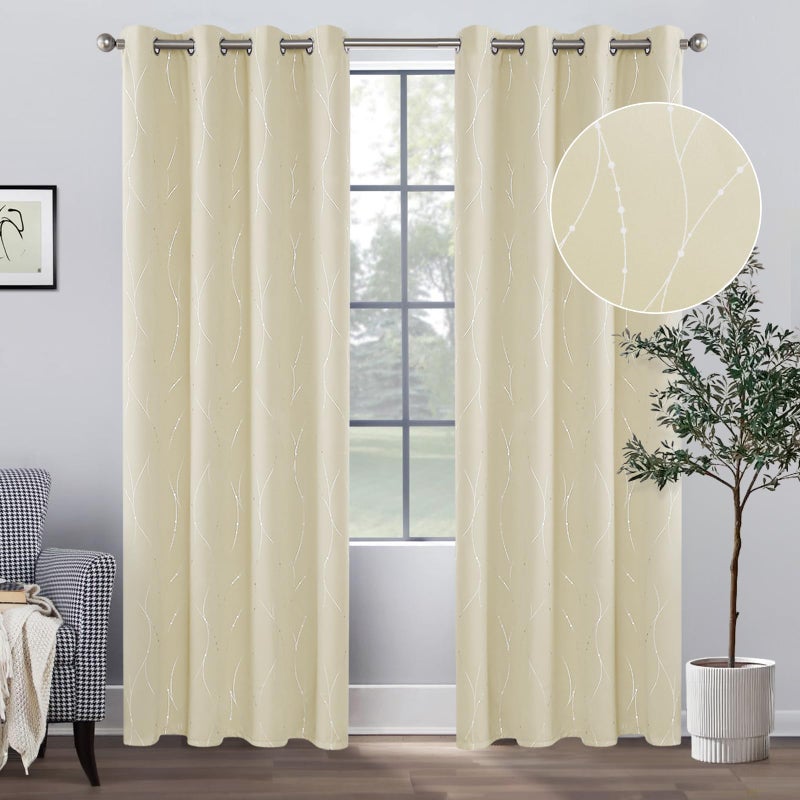 BUHUA Beige Blackout Curtain Panels, 84 Inches Long, Set of 2 - Thermal Insulated Curtains, Light Blocking Curtains with Floral Pattern (52 x 84 Inch Length, Beige, 2 Panels) - Image 1